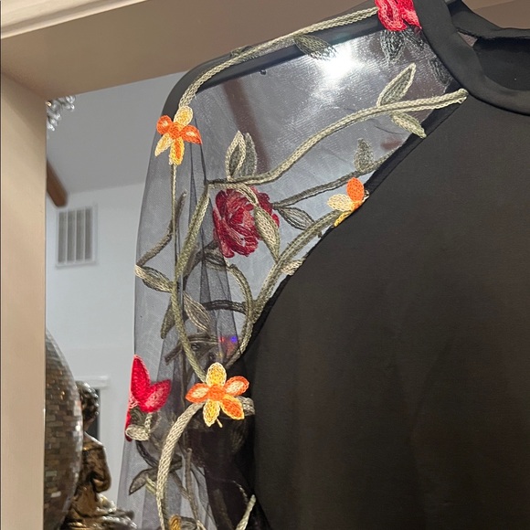 Floral Embroidered Black Mesh Top - Picture 2 of 5